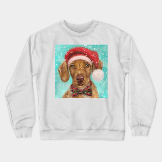 Painting of a Cute Christmas Vizsla Puppy with Red Santa Hat and a Festive Bow Tie Crewneck Sweatshirt by ibadishi